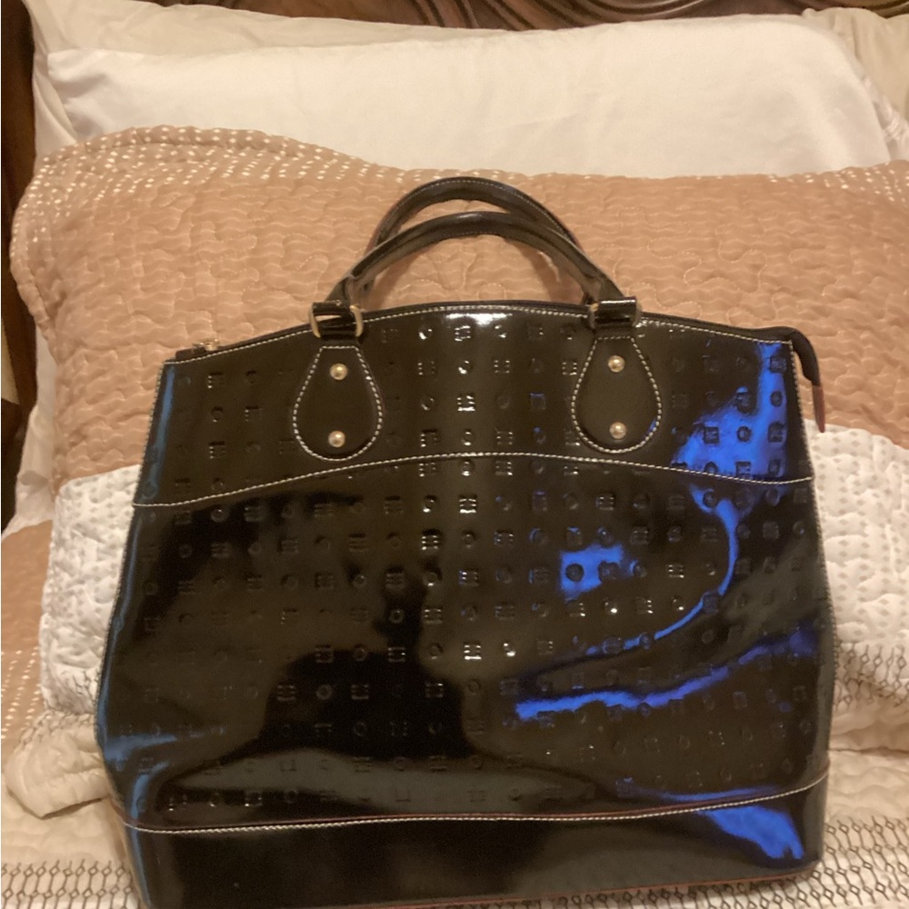 black patent leather Italian made satchel. Photos of inside of bag added